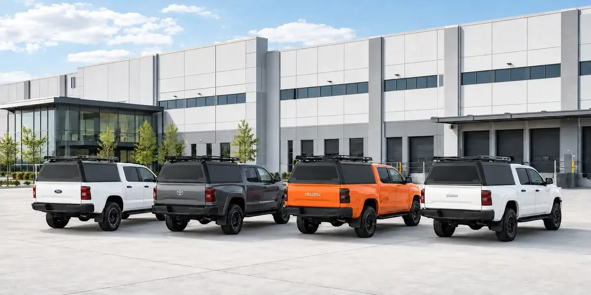 Pickup trucks with aluminum canopies outside a modern manufacturing facility