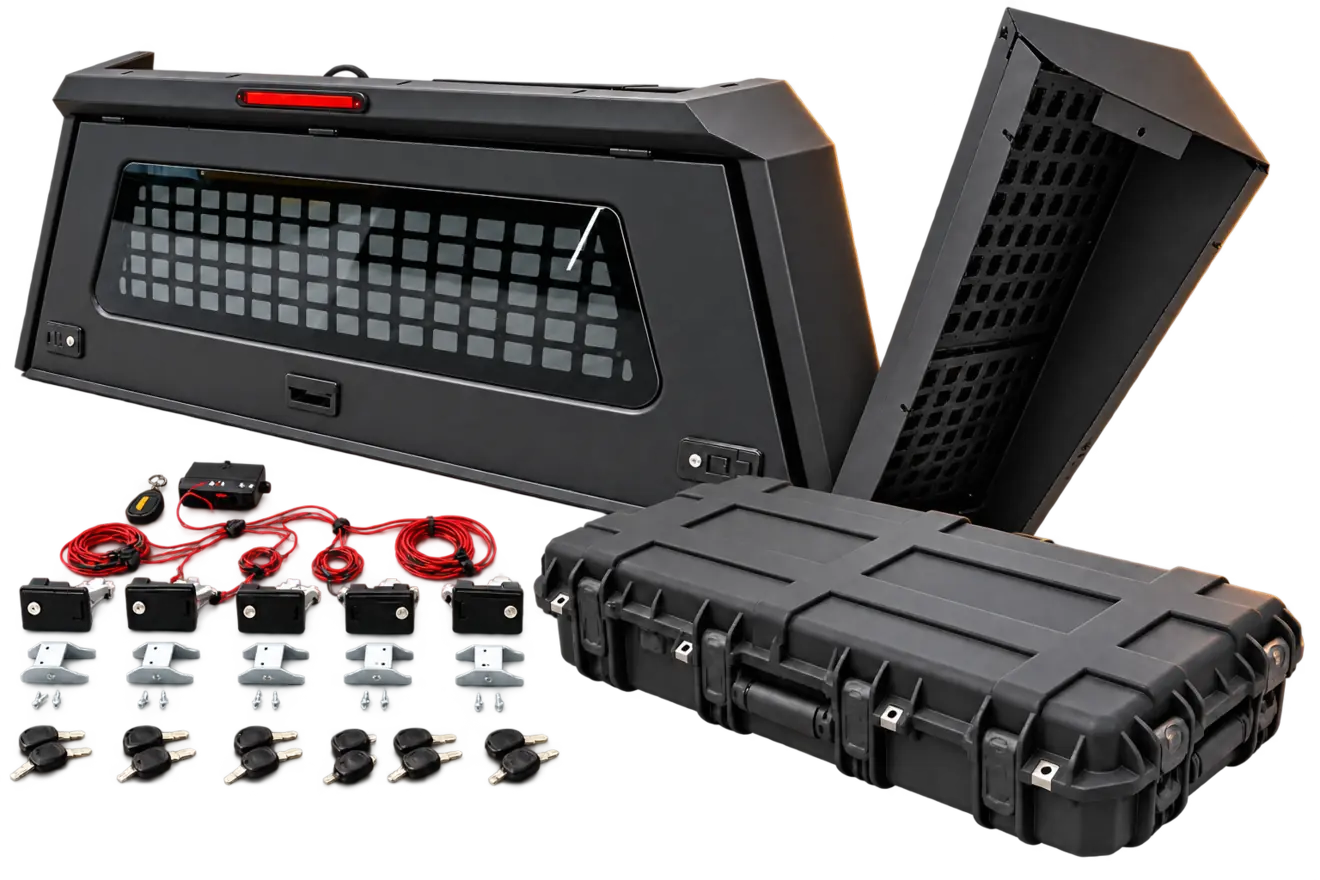 Pickup canopy storage, locking and utility accessories