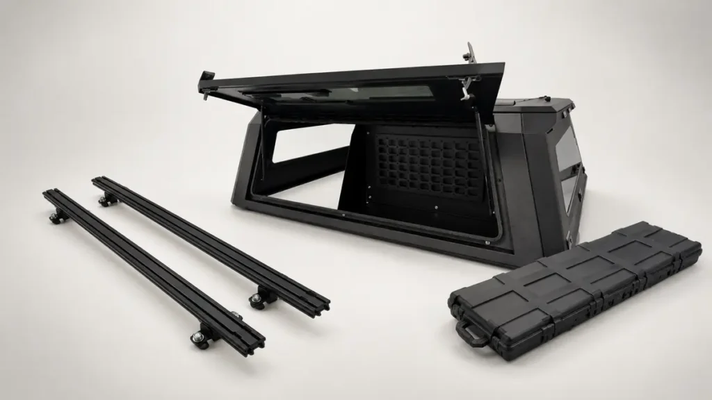 Pickup truck canopy accessories including mounting rails, gullwing side panel and folding accessory