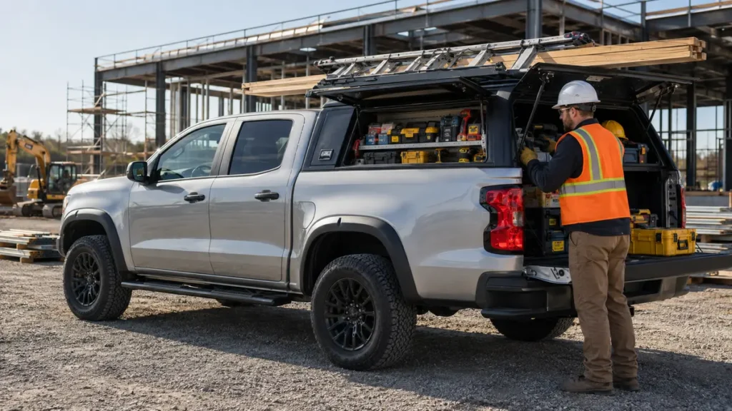 Commercial work pickup truck with aluminum canopy and organized tool storage