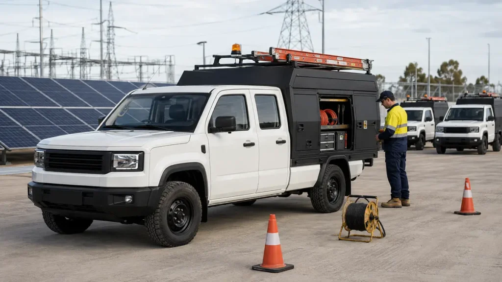 White fleet utility pickup trucks with black service canopies at a power maintenance site