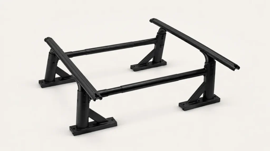 Heavy-duty black pickup truck ladder rack with reinforced mounting supports