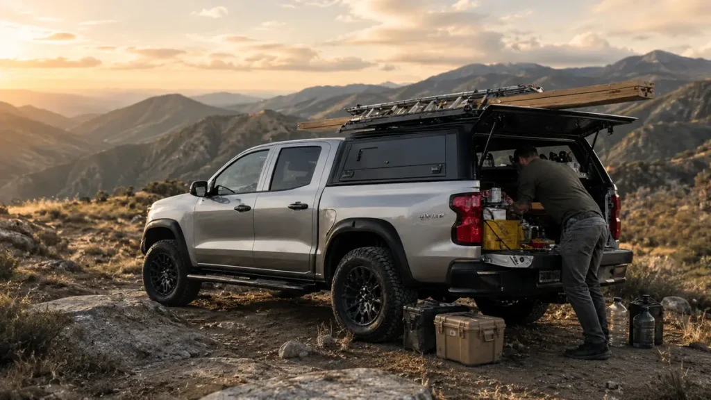 Silver off-road pickup truck with aluminum canopy at a mountain overlanding campsite