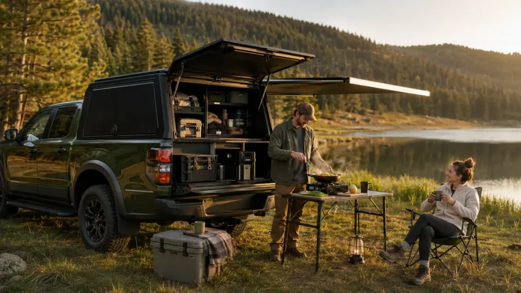 Couple cooking beside a pickup truck with aluminum canopy during an overlanding trip
