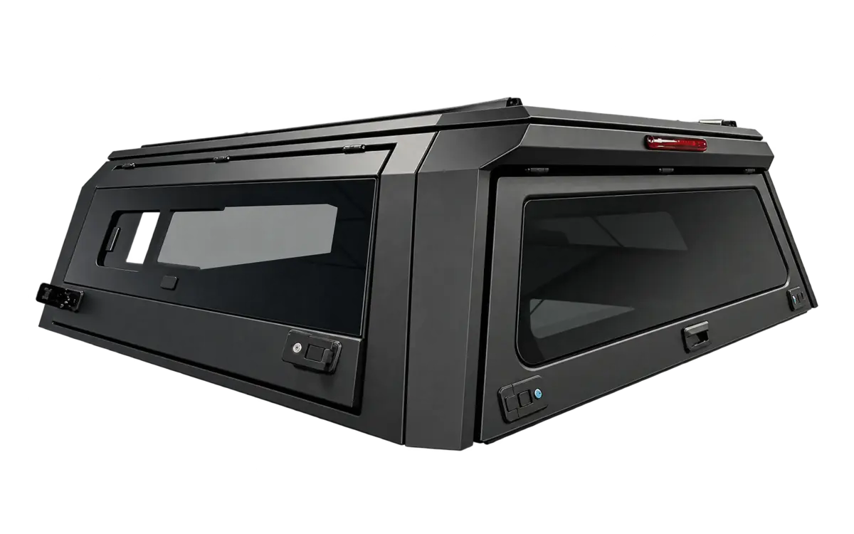 Premium aluminum truck cap with side access doors, tinted windows and modular roof rails