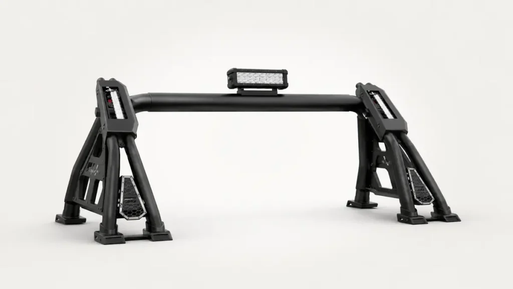 Heavy-duty black pickup truck roll bar with integrated LED light