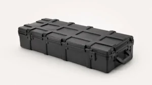 Black heavy-duty storage box for pickup truck canopy tools and recovery gear