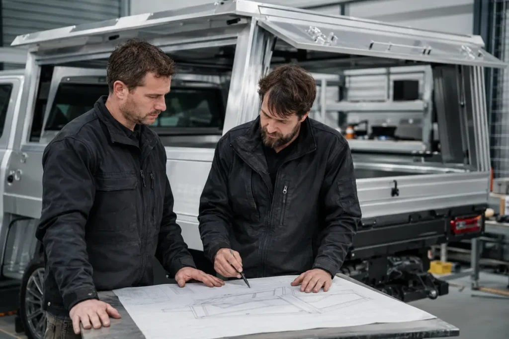 OFFROADCAP engineers reviewing aluminum truck canopy fitment design