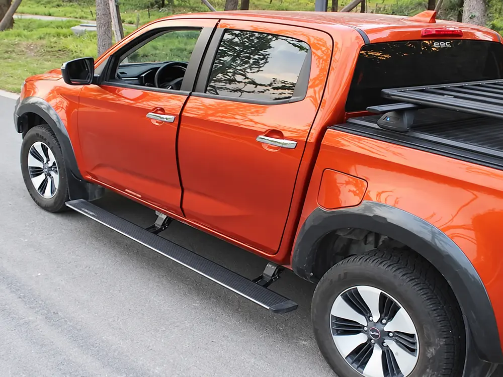 Electric running boards for mid-size pickup trucks with two support brackets per side