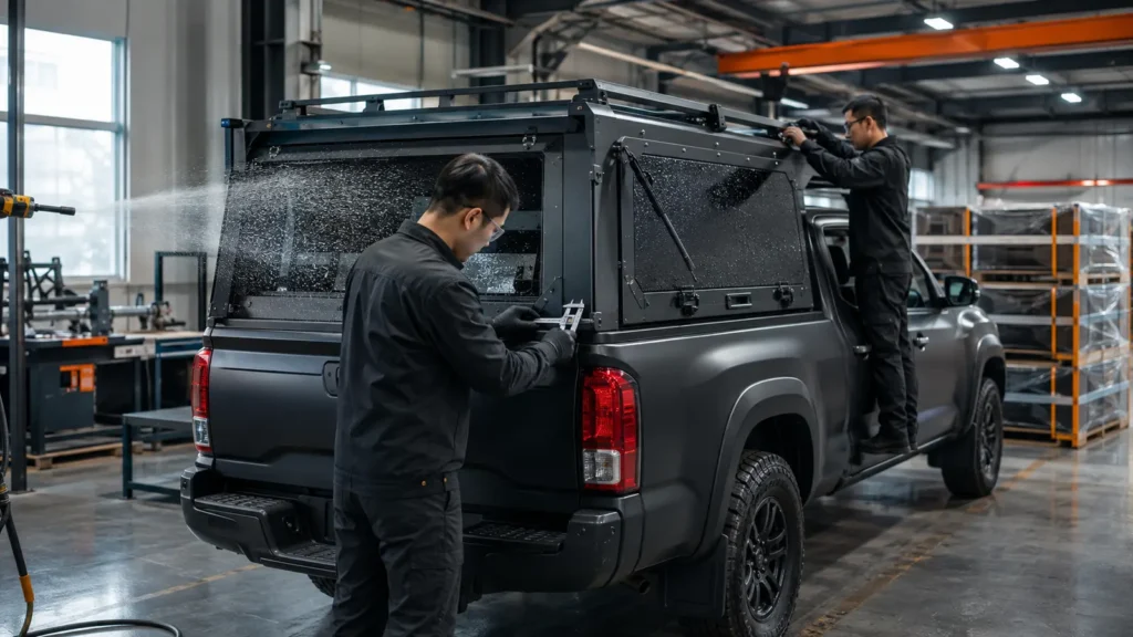 Pickup truck canopy manufacturer conducting sealing, fitment and structural quality inspections