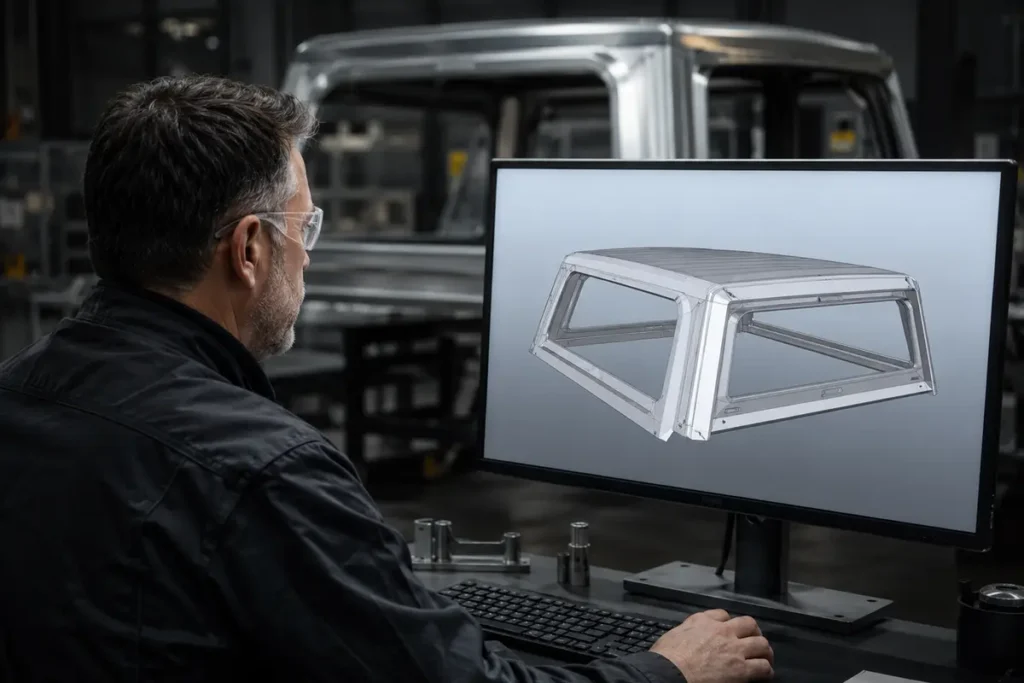 Engineer reviewing digital aluminum truck canopy fitment design