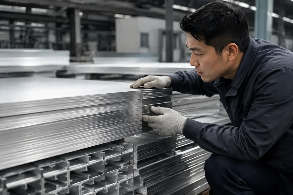 Technician inspecting aluminum sheets for truck canopy material selection