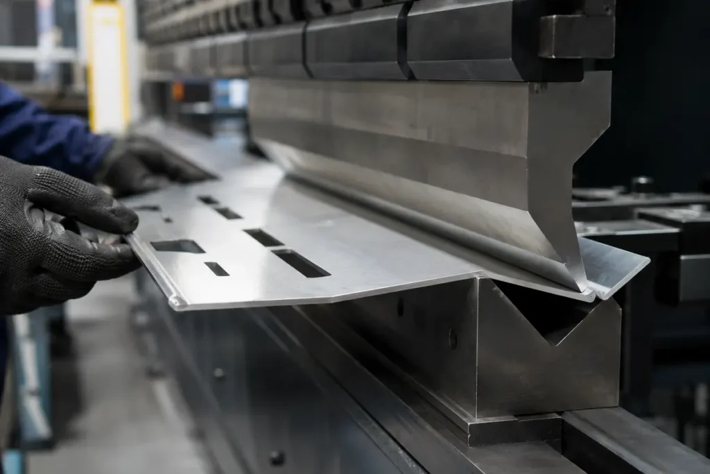 CNC press brake forming aluminum panel for truck canopy construction