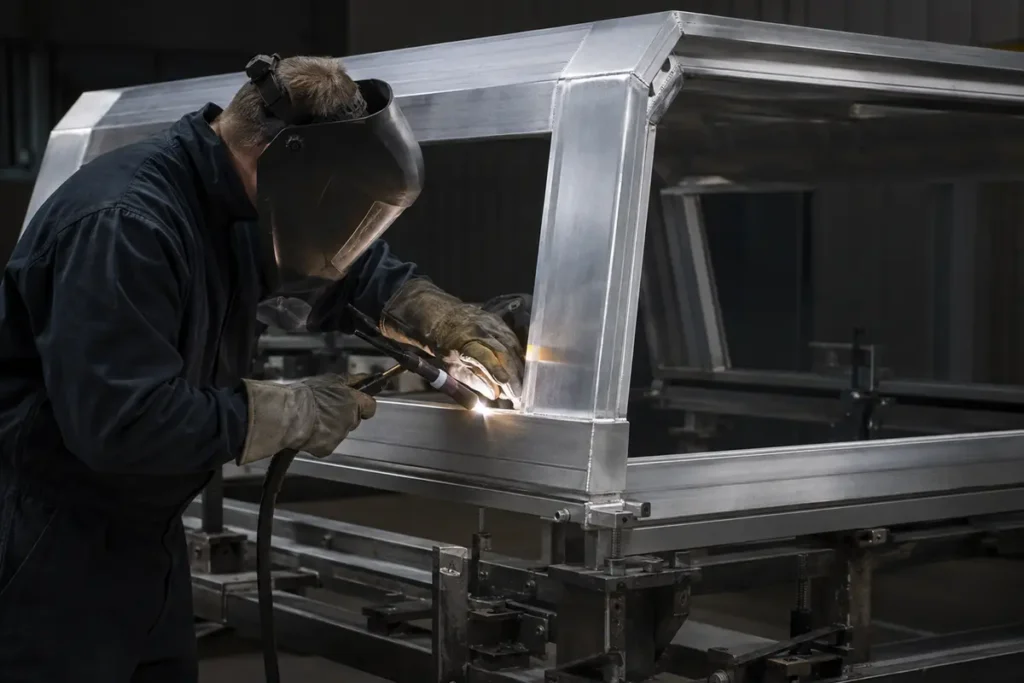 Manual welding of aluminum truck canopy structural frame
