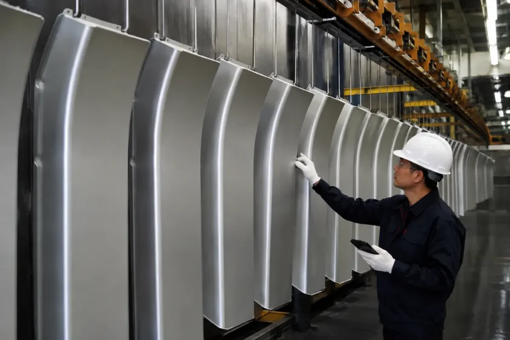 Aluminum canopy panels prepared for protective surface finishing