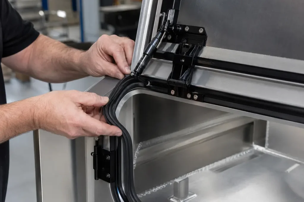 Technician fitting weather seal and hardware to aluminum truck canopy door