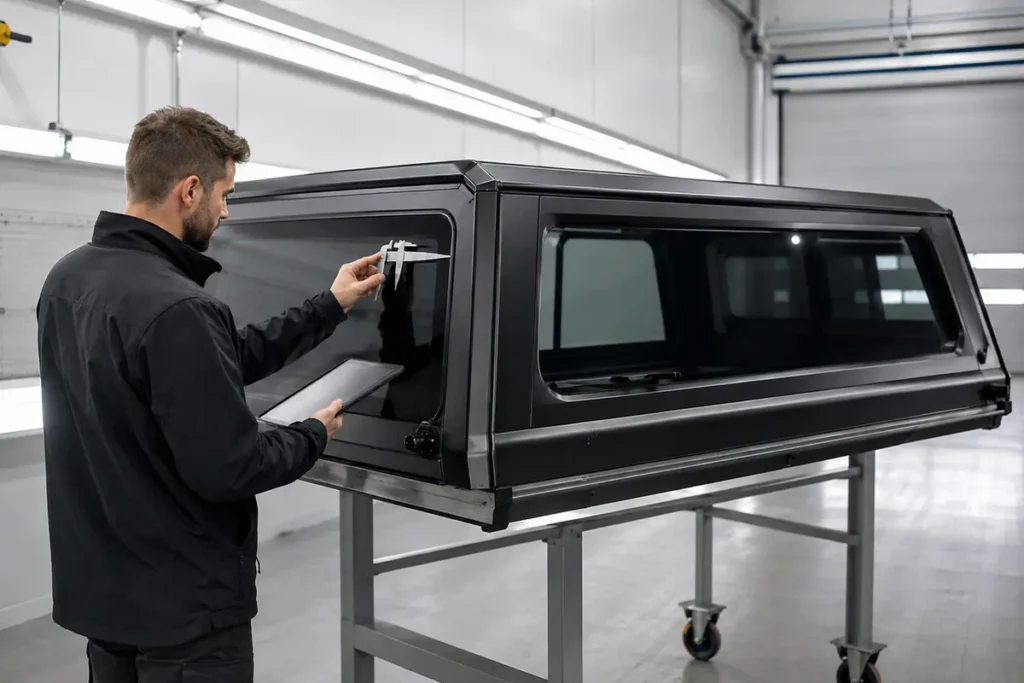 Quality control inspection of finished aluminum truck canopy before delivery