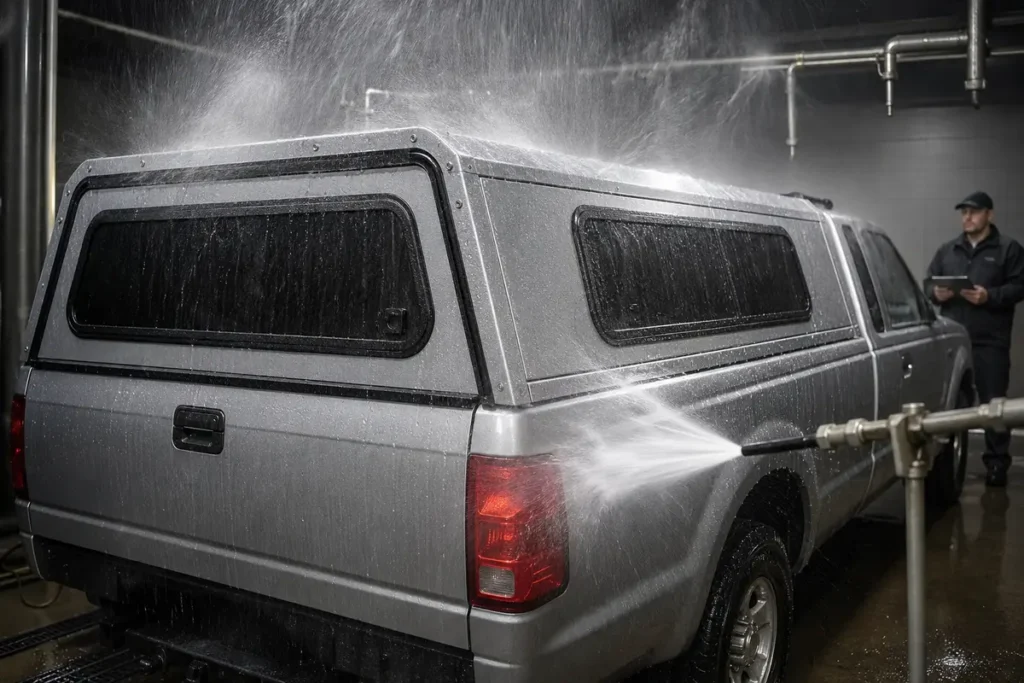 Heavy rain and high-pressure water spray evaluation of aluminum truck canopy sealing