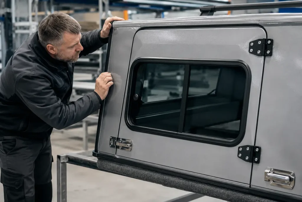 Final fitment and hardware inspection of aluminum truck canopy doors and seals