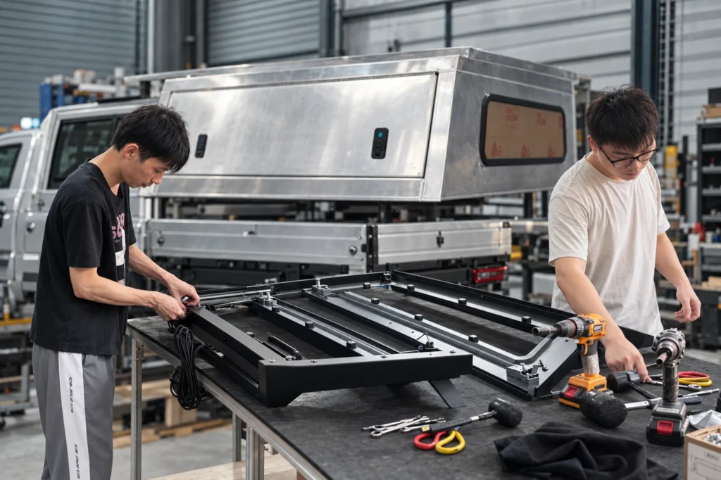 Two workers assembling black cover panels beside an unfinished aluminum pickup canopy