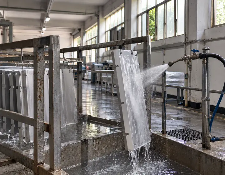 Aluminum truck canopy panels being rinsed before surface treatment