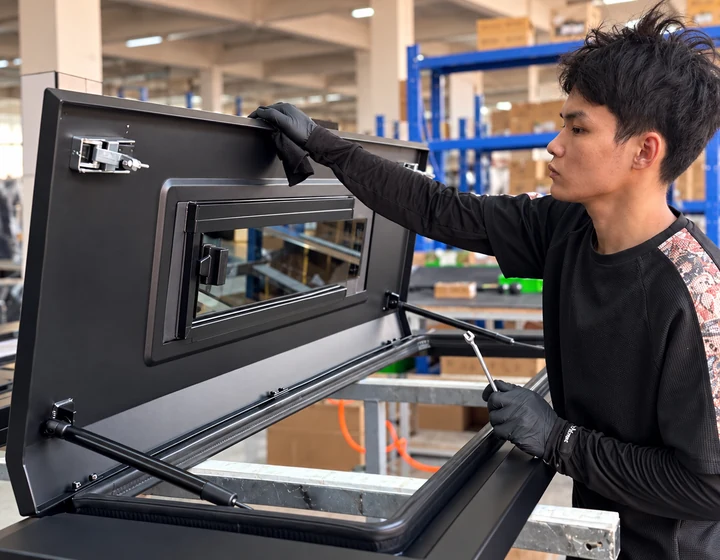 Worker checking a glass window in an aluminum canopy door