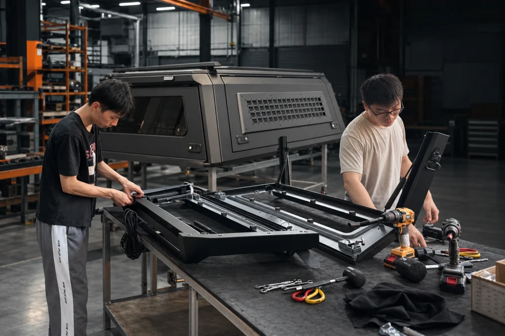 Two workers assembling cover panels beside a gray pickup canopy with a side MOLLE panel