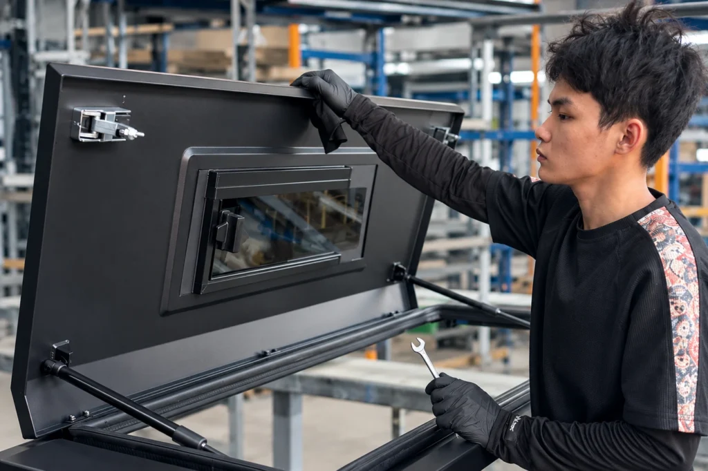 Close-up of a worker checking a pickup canopy door window, latch, weather seal and gas struts