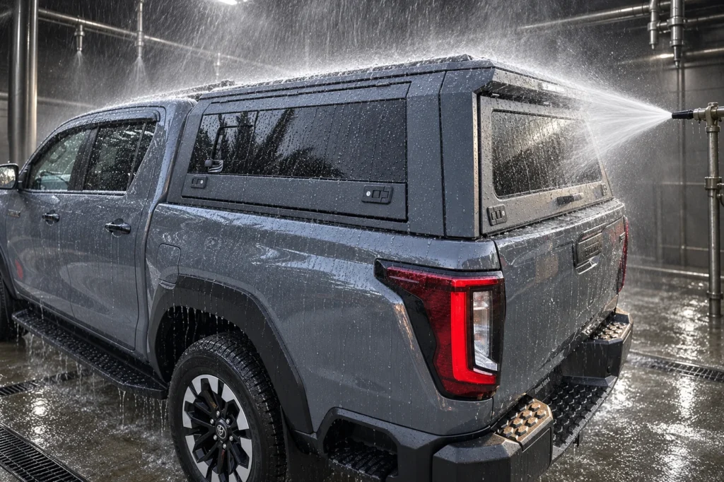 offroadcap-canopy-water-spray-v2.webp Illustrative rain and water-spray scene featuring a gray Toyota Hilux with an installed pickup canopy