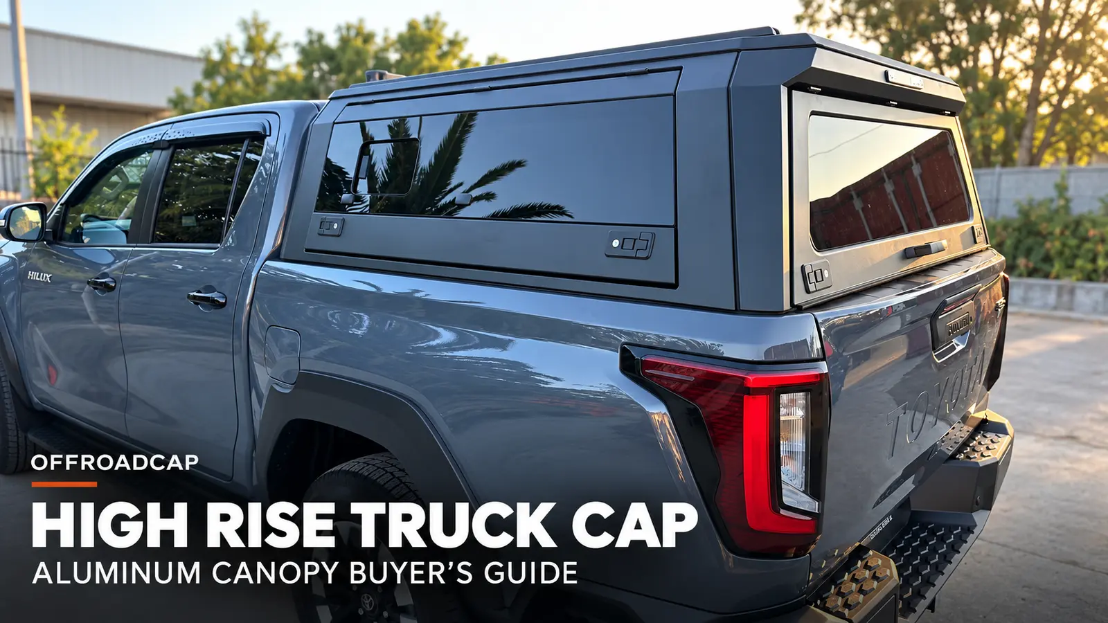 Aluminum truck canopy with tinted windows installed on a gray Toyota Hilux