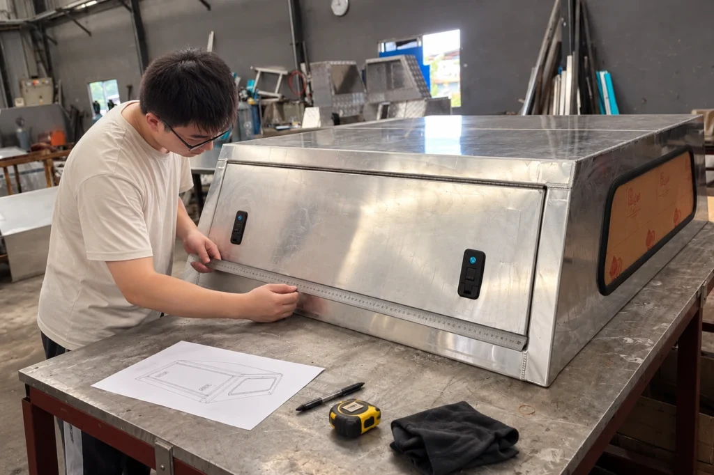 Worker checking the side-door dimensions of an unfinished aluminum pickup canopy with a metal ruler