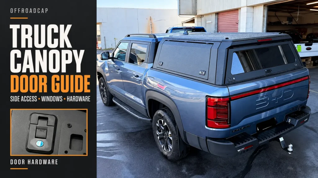 Blue-gray BYD pickup with a black truck canopy showing its side door and rear window, with a door-lock detail inset