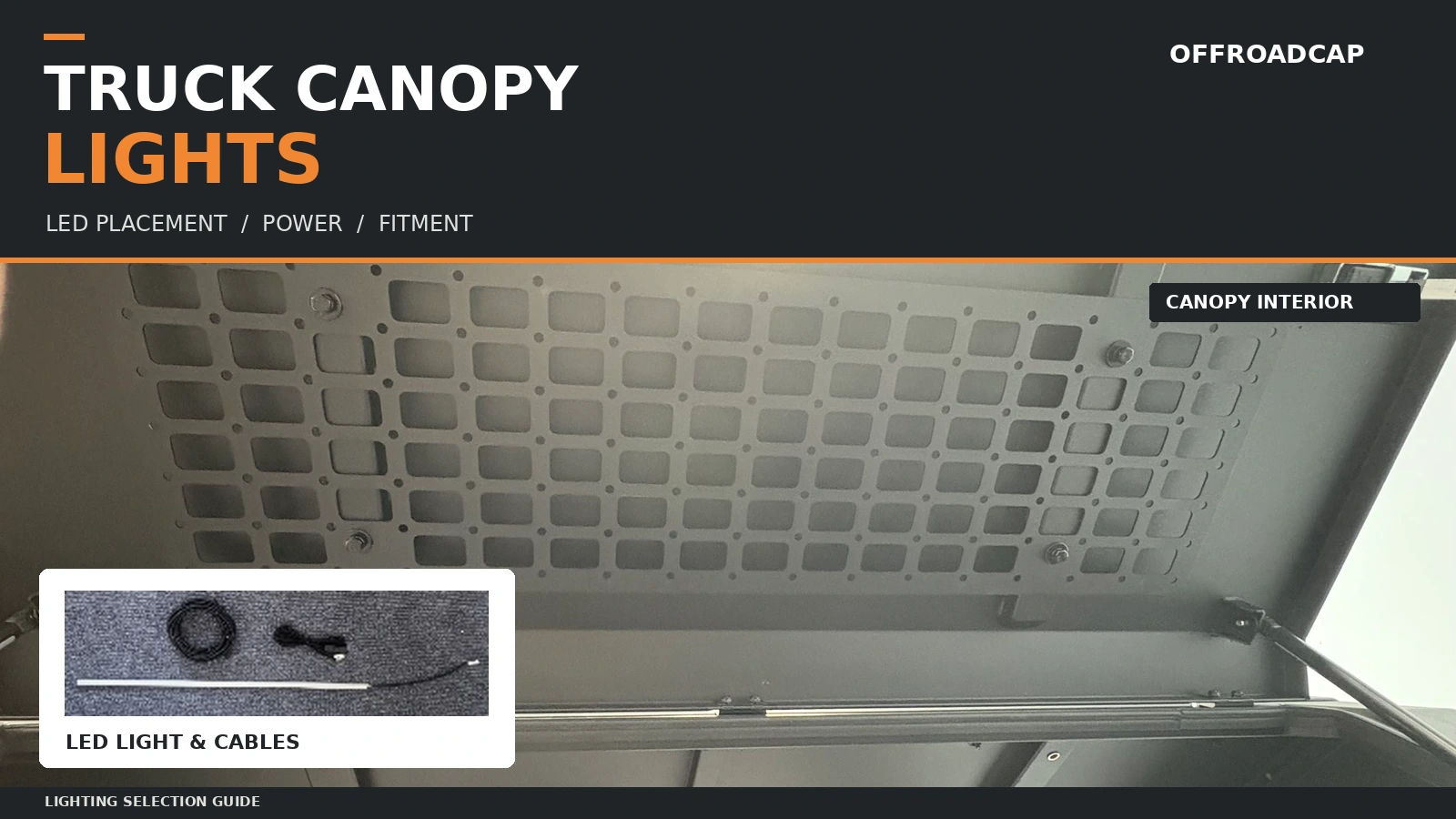 Truck canopy interior with an inset photograph of an LED light bar and cables.