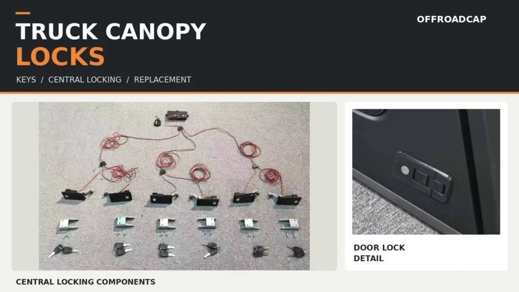 Truck canopy locks, keys and central locking components alongside a close-up of a canopy door lock.