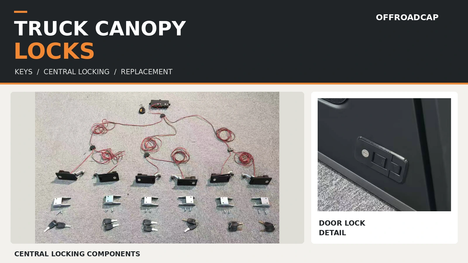 Truck canopy locks, keys and central locking components alongside a close-up of a canopy door lock.