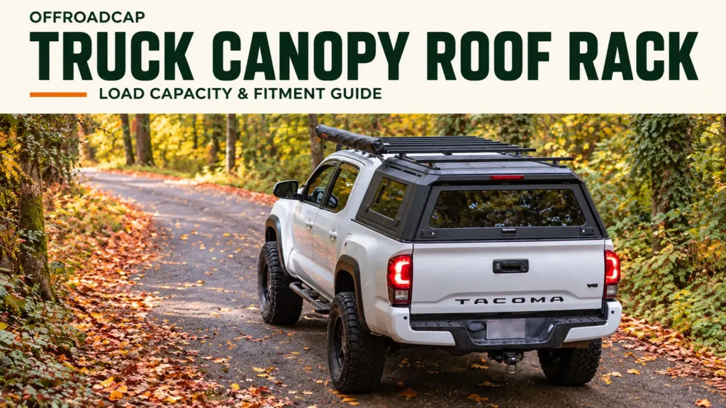 Silver Toyota Tacoma with an aluminum truck canopy and roof rack on a forest road