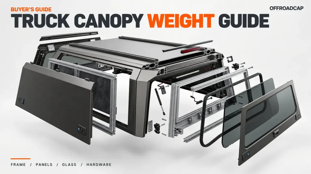 Exploded view of an aluminum truck canopy showing its frame, panels, rear glass and hardware for the OFFROADCAP truck canopy weight guide.