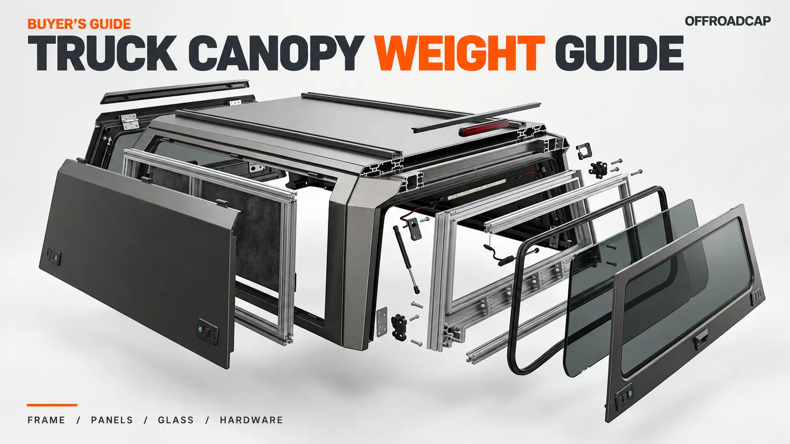 Exploded view of an aluminum truck canopy showing its frame, panels, rear glass and hardware for the OFFROADCAP truck canopy weight guide.