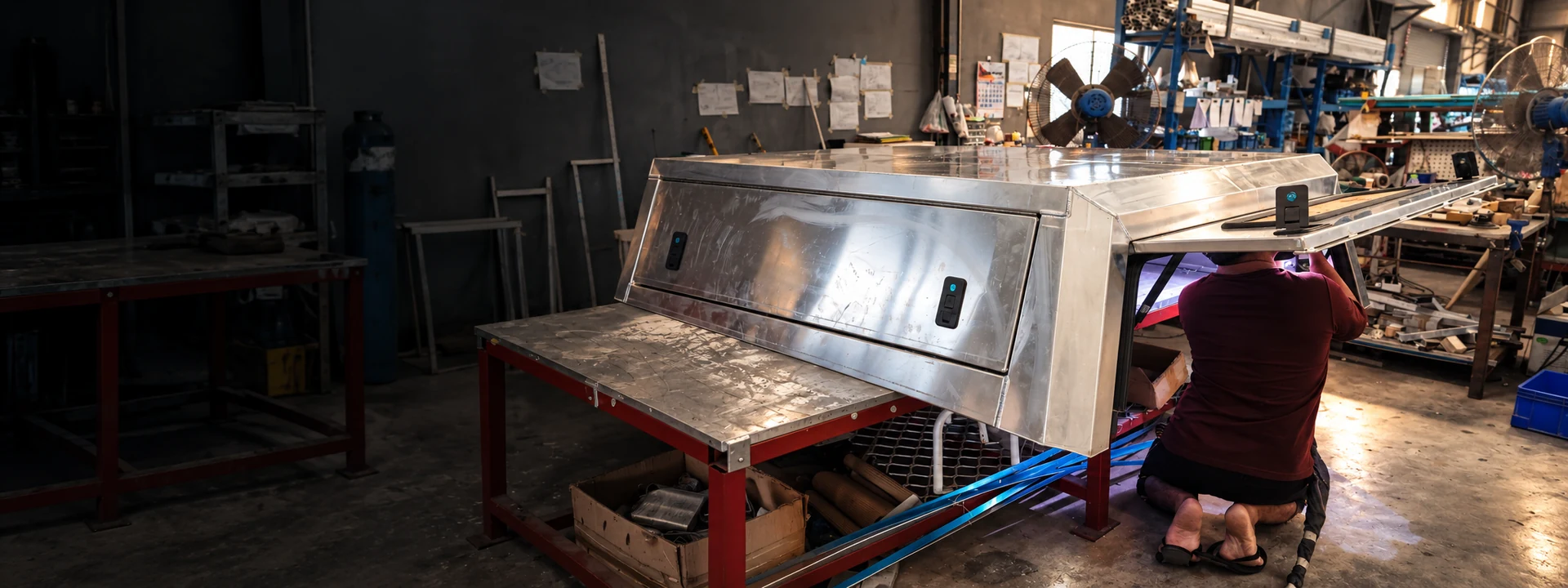 OFFROADCAP worker assembling an aluminum truck canopy in the workshop